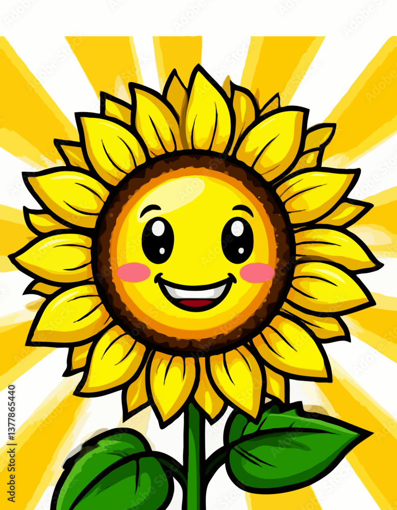 Happy Sunflower Smiling Cartoon Radiating Sunbeams Happy Sunflower Smiling Cartoon Radiating Sunbeams