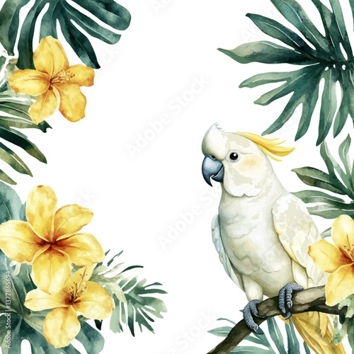Watercolor painting of a white cockatoo and tropical leaves with yellow flowers, framed on a white background