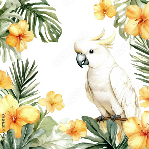 Watercolor painting of a white cockatoo and tropical leaves with yellow flowers, framed on a white background