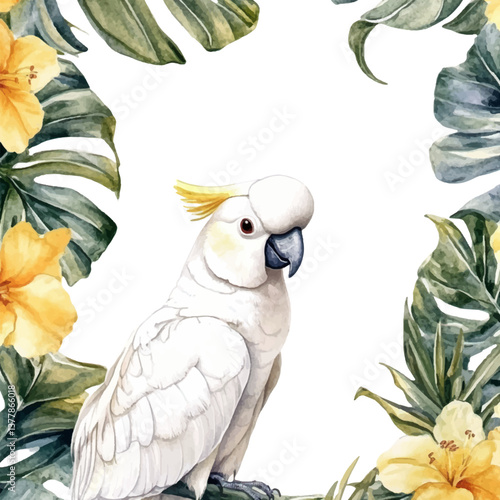 Watercolor painting of a white cockatoo and tropical leaves with yellow flowers, framed on a white background