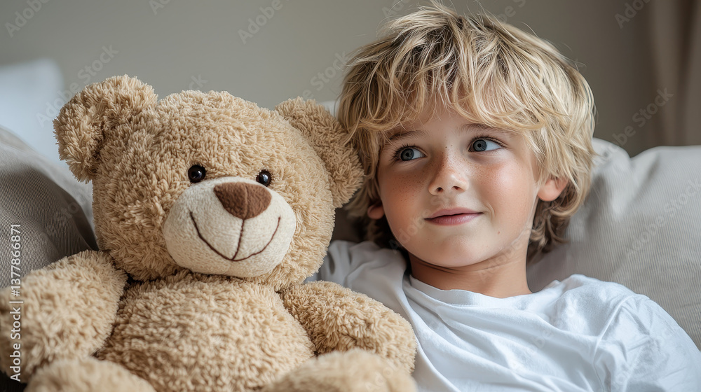 Boy shares his thoughts with a teddy bear in a cozy corner of his room during the evening Boy shares his thoughts with a teddy bear in a cozy corner of his room during the evening
