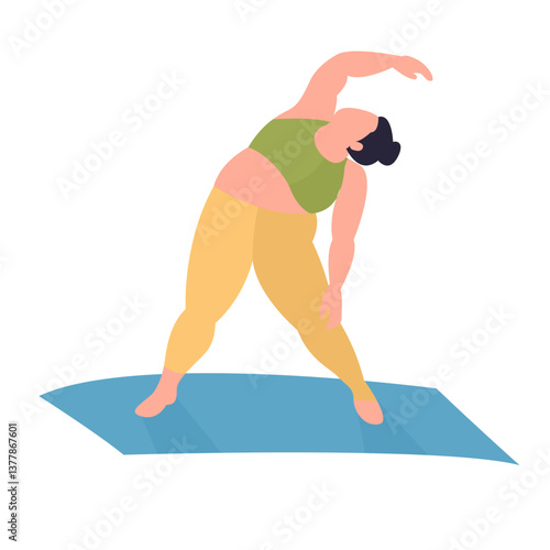 fat lady doing yoga pose triangle
