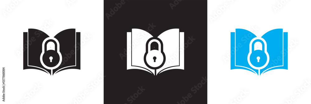 Book with a lock. Book with a padlock. Vector for websites, mobile interfaces, presentations, and visual branding. Vector illustration. isolated on white and black background Book with a lock. Book with a padlock. Vector for websites, mobile interfaces, presentations, and visual branding. Vector illustration. isolated on white and black background