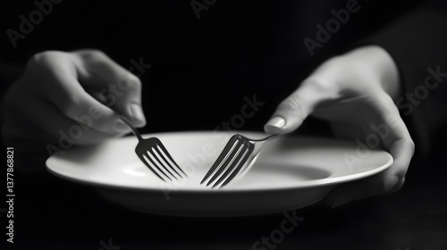 Person placing utensils down between bites focusing on each mouthful fully