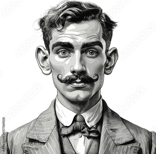 man in vintage attire with exaggeratedly large ears, symbolizing attentive listening or surreal fantasy sketch engraving generative ai vector illustration