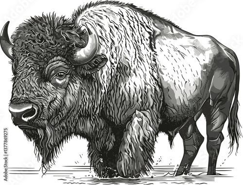 Adobe Illustrator Arbuffalo, showcasing its textured fur, strong build, and iconic horns in striking detail sketch engraving generative ai vector illustration.twork