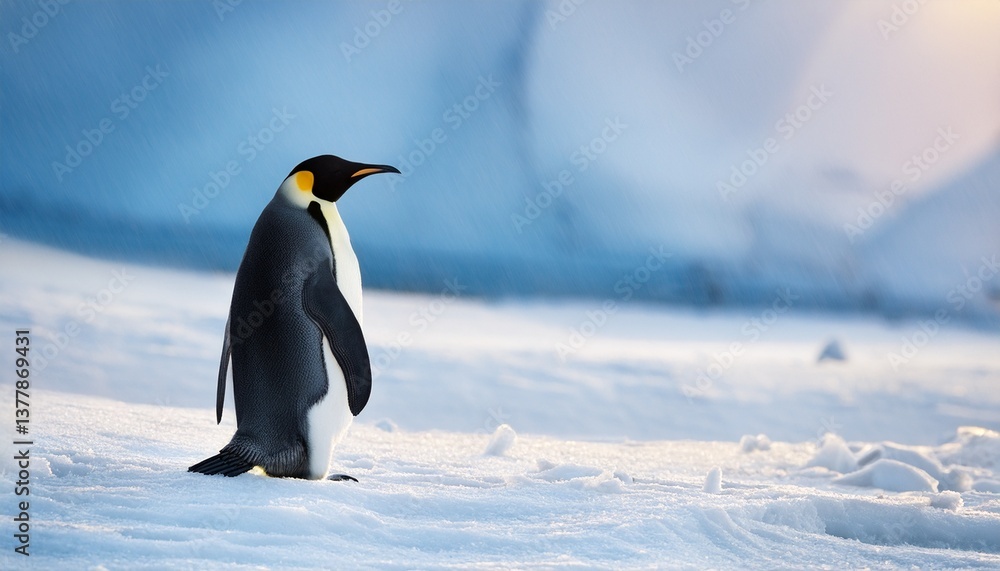 Fototapeta premium alone emperor penguin on snowy arctic landscape with ice crystals
