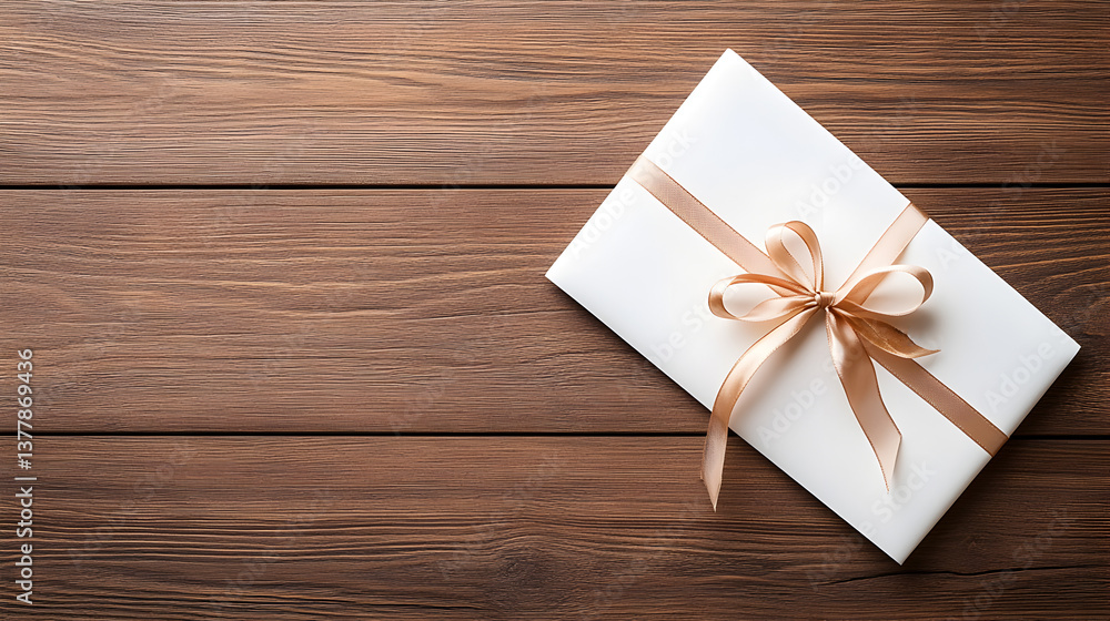 Elegant gift box with ribbon on wooden table, perfect for celebrations and special occasions, gift giving concept Elegant gift box with ribbon on wooden table, perfect for celebrations and special occasions, gift giving concept