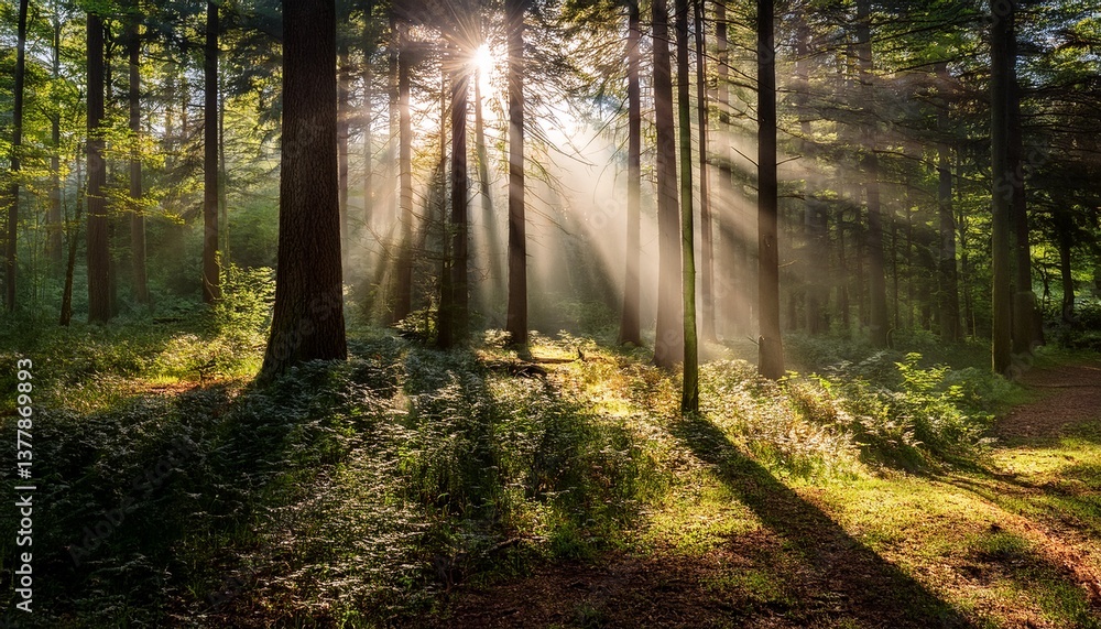 Obraz premium sun rays through the forest