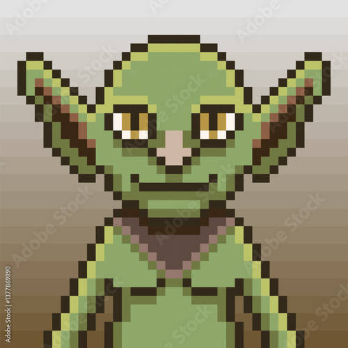 Pixel art of a green goblin character illustration, ideal for game assets or retro style designs also bring a nostalgic 8-bit feel touch.