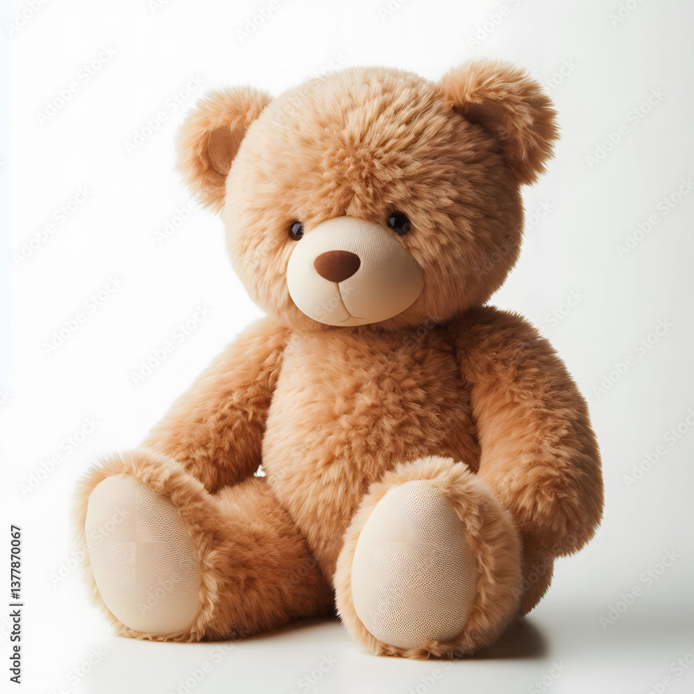Obraz premium A classic teddy bear with soft, warm brown fur, sits comfortably against a light background.