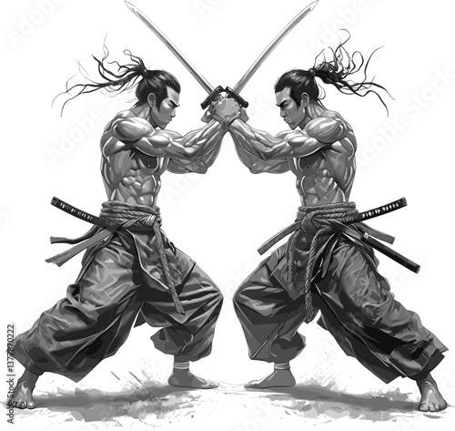 Bushido muscular samurai with katana, showcasing traditional Japanese warrior art sketch engraving generative ai fictional character vector illustration.