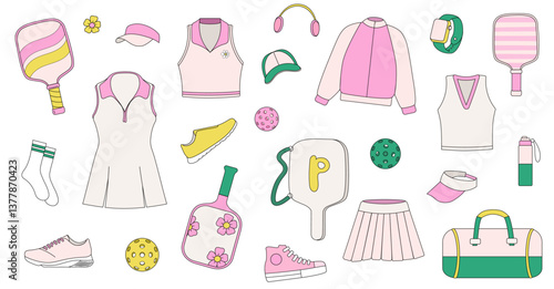 Set of retro-style pickleball gear and apparel, featuring paddles, balls, clothing, and accessories in pastel tones with vintage-inspired designs