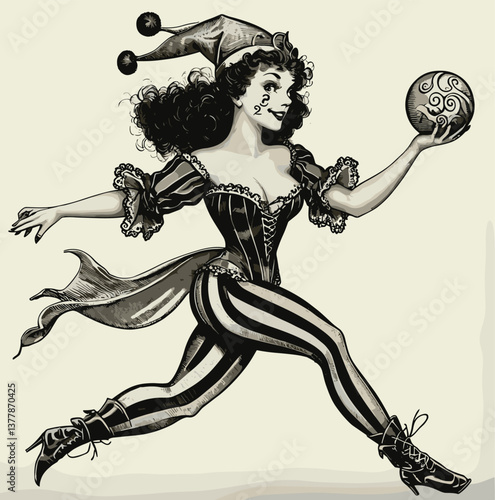 circus performer in whimsical costume, running with a decorative ball and smiling sketch engraving generative ai fictional character vector illustration. Scratch board imitation.