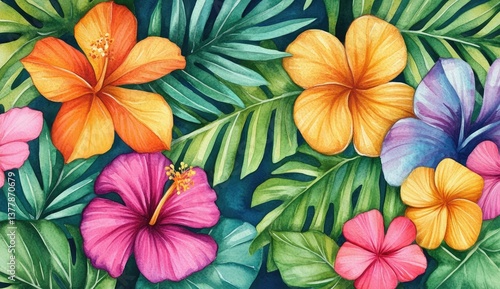 Wallpaper Mural Vibrant tropical flowers and leaves Torontodigital.ca