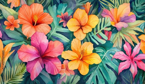 Wallpaper Mural Vibrant tropical hibiscus flowers and lush foliage Torontodigital.ca