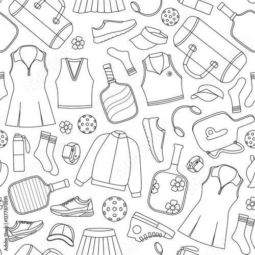 Seamless black and white pattern featuring various pickleball equipment and sportswear, including paddles, balls, shoes, visors, and apparel, creating a stylish and modern sports-themed design