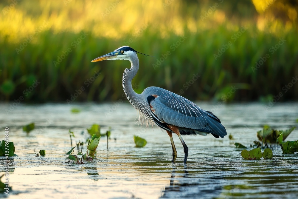 Obraz premium Great Blue Heron Standing Calmly in Water with Natural Wetland Background
