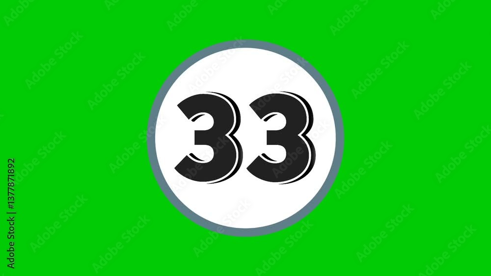 Number 33 symbol sign animation motion graphics cartoon black color on green screen background.numbers in white circle suitable for video elements Number 33 symbol sign animation motion graphics cartoon black color on green screen background.numbers in white circle suitable for video elements
