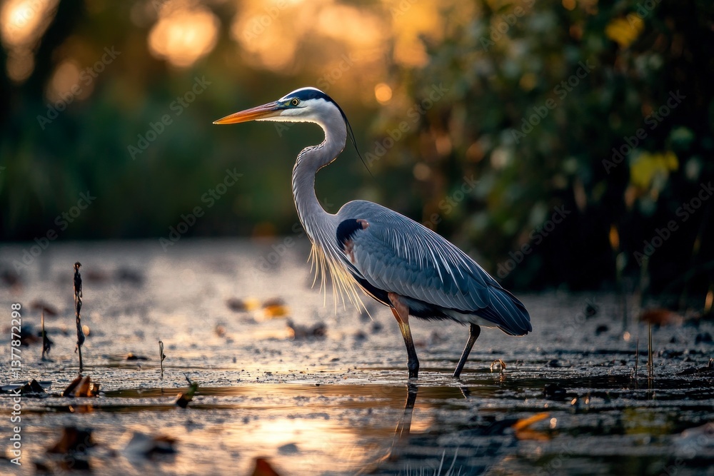 Naklejka premium Great Blue Heron Wading in Water at Sunset Wildlife Image