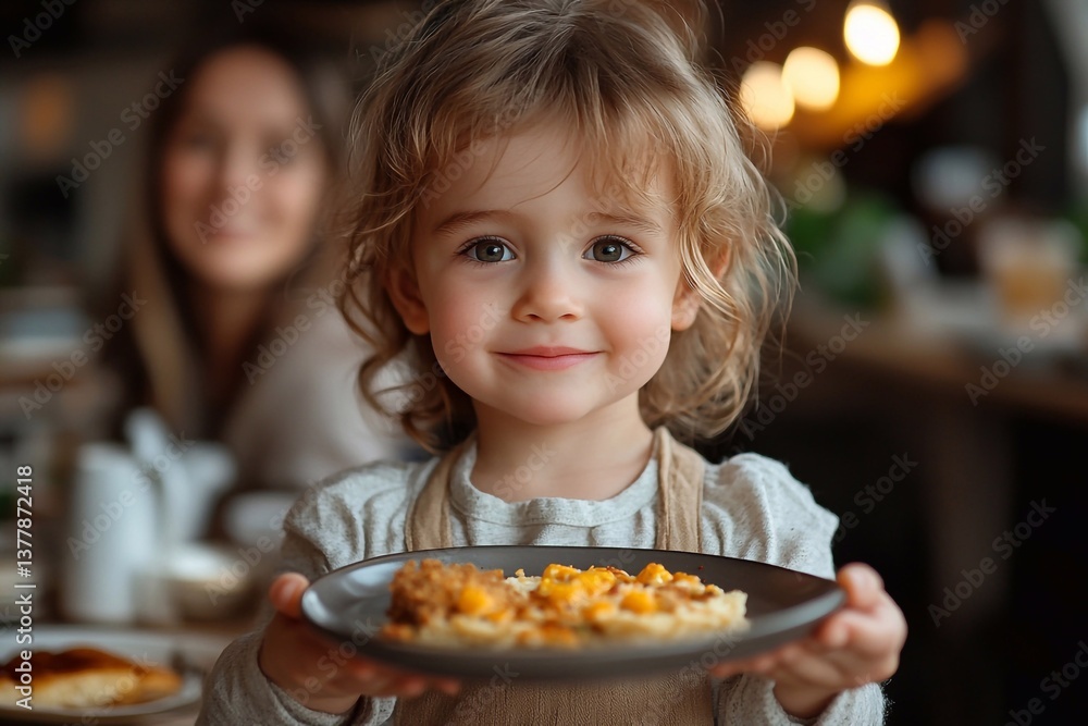 A happy child in a good mood sits with his delicious breakfast. A happy child in a good mood sits with his delicious breakfast.