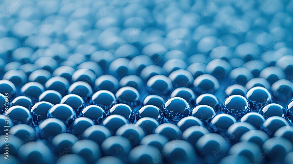 Obraz premium Blue exosome particles with three-dimensional research concept. Close-up of shiny blue spheres reflecting light patterns.