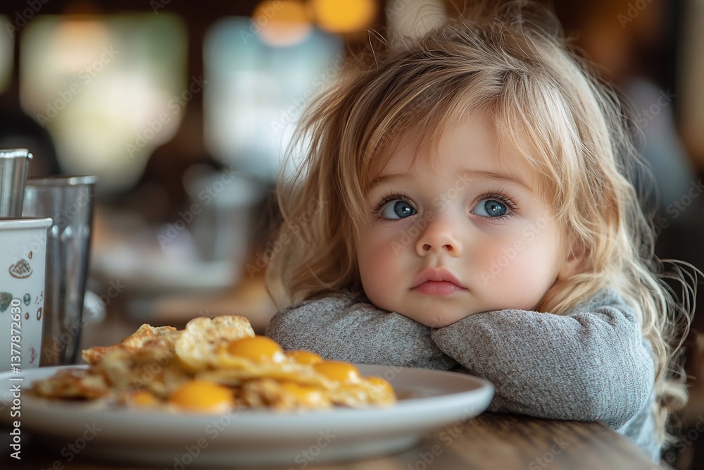 A happy child in a good mood sits with his delicious breakfast. A happy child in a good mood sits with his delicious breakfast.