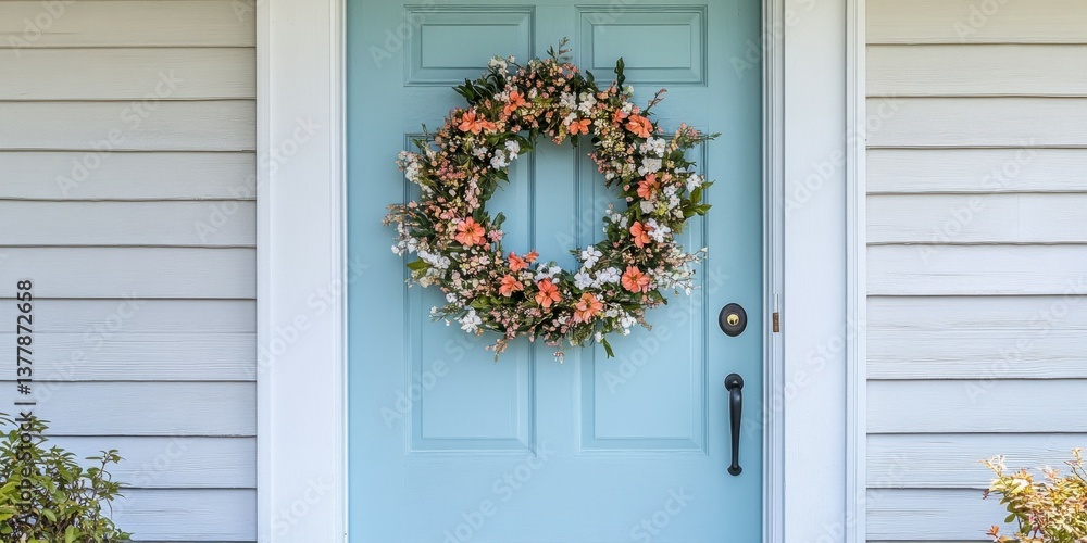 Blooming Welcome: A serene blue front door adorned with an elegant floral wreath, epitomizing homey hospitality and springtime charm. Blooming Welcome: A serene blue front door adorned with an elegant floral wreath, epitomizing homey hospitality and springtime charm.