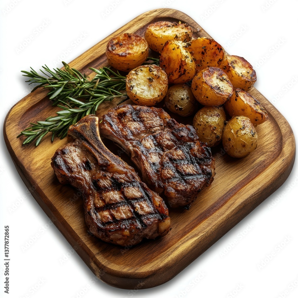 Culinary Delight: Grilled steak with potatoes, rosemary on wood, a high-angle shot of beautifully presented grilled steaks and roasted potatoes. Culinary Delight: Grilled steak with potatoes, rosemary on wood, a high-angle shot of beautifully presented grilled steaks and roasted potatoes.