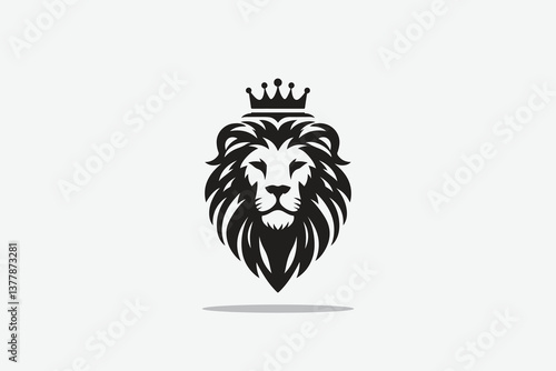  minimalist silhouette of lion's head front with a crown on its head as logo style in black and white