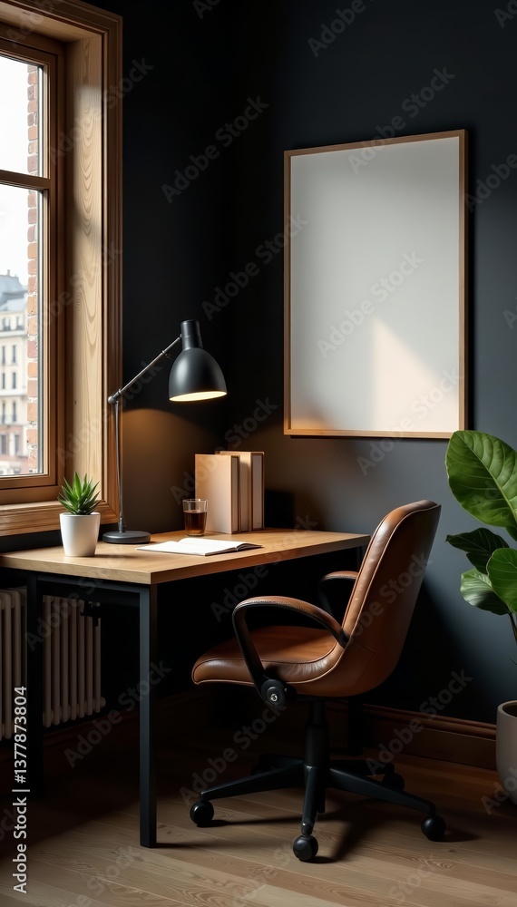 - Dark wooden corner with open space office desk, chair, and poster, chair, poster - Dark wooden corner with open space office desk, chair, and poster, chair, poster