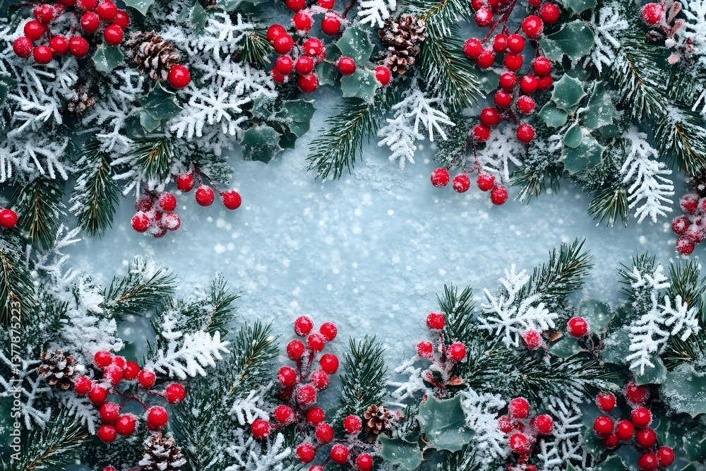 A christmas frame with snow covered pine branches red berries and snowflakes on a light blue background A christmas frame with snow covered pine branches red berries and snowflakes on a light blue background