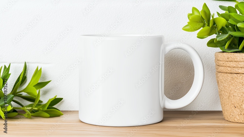 White Coffee Mug Mockup With Succulents, Generative AI. White Coffee Mug Mockup With Succulents, Generative AI.
