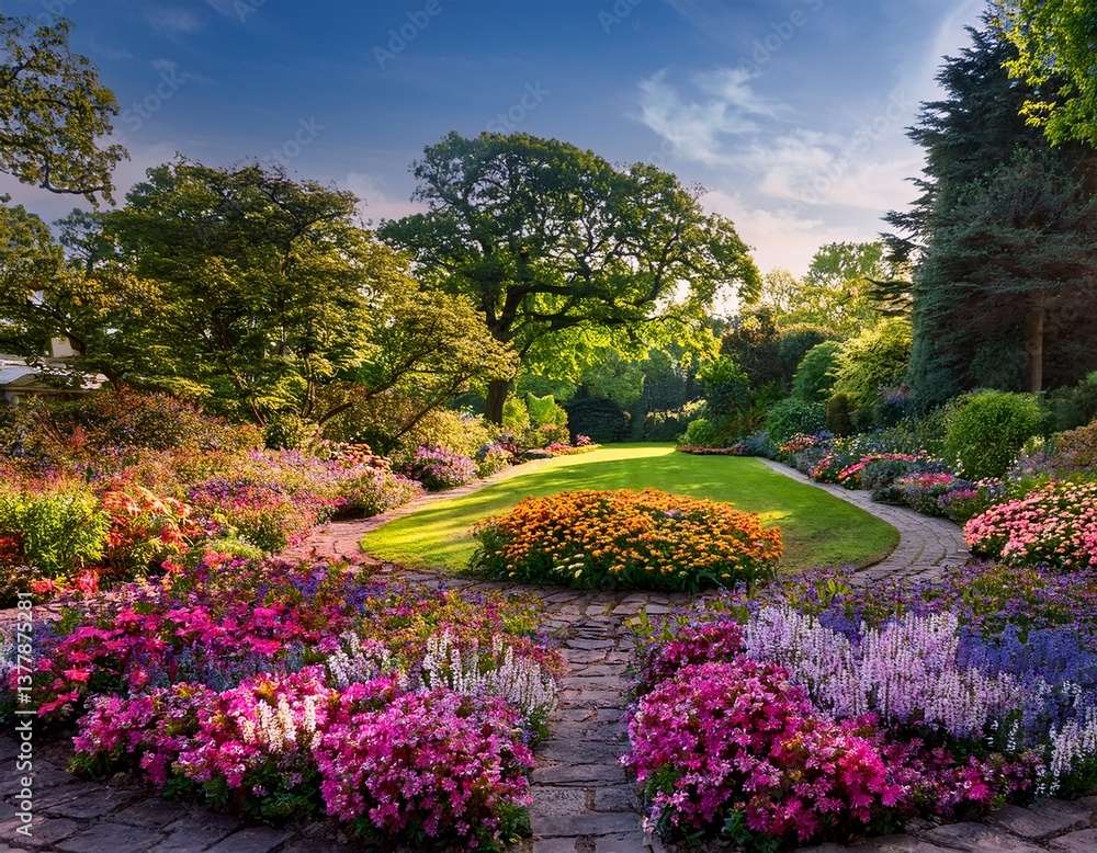 Fototapeta premium Lush Green Garden with Vibrant Flowers
