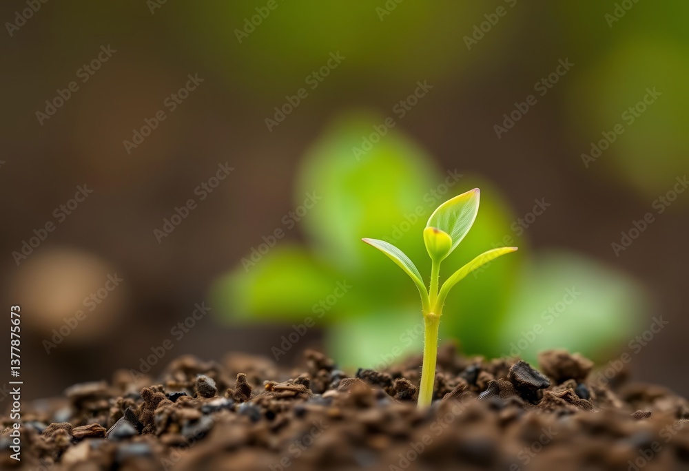 Fototapeta premium Close-up of a vibrant young sprout emerging from rich soil against a soft green blurred background, healthy, gardening