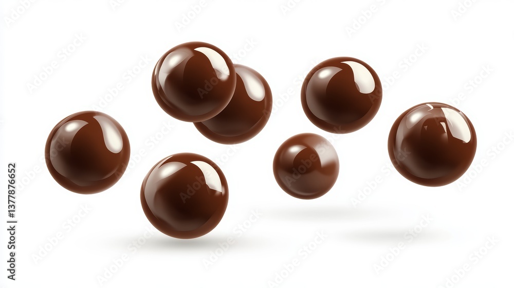 A detailed depiction of smooth glossy chocolate balls falling midair with rich dark brown texture on a clean white background A detailed depiction of smooth glossy chocolate balls falling midair with rich dark brown texture on a clean white background