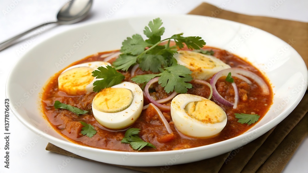 Spicy Egg Curry with Tomato and Onion Gravy, Garnished with Fresh Coriander Spicy Egg Curry with Tomato and Onion Gravy, Garnished with Fresh Coriander