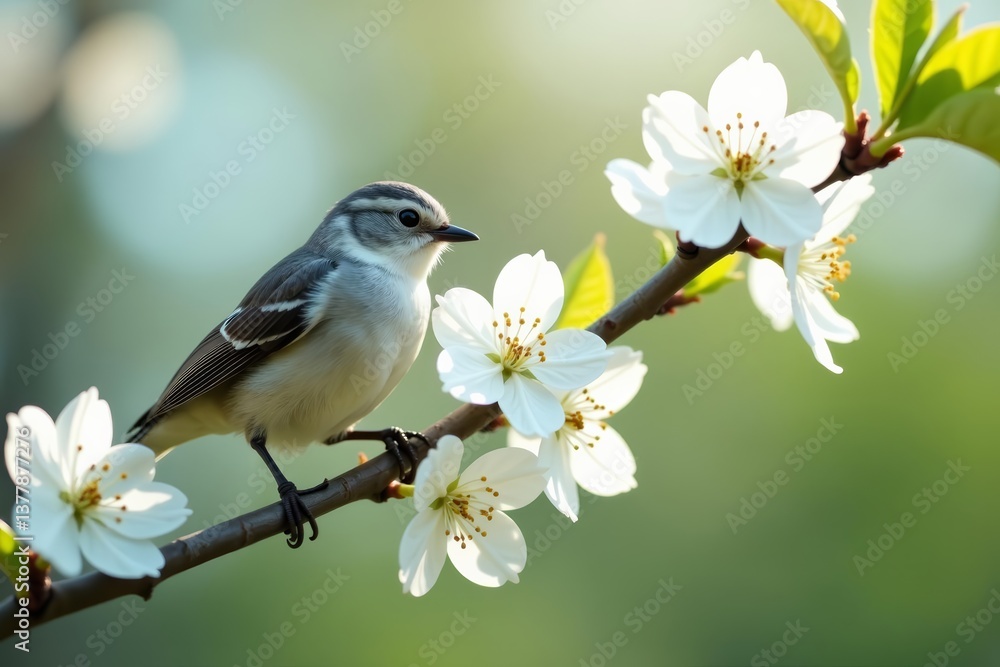 Fototapeta premium Close-up of bird cherry tree branches with white flowers in bloom, spring, cherry
