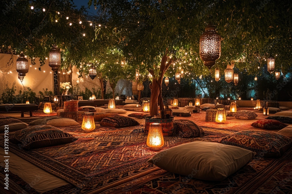 Cozy outdoor lounge area illuminated by lanterns at night