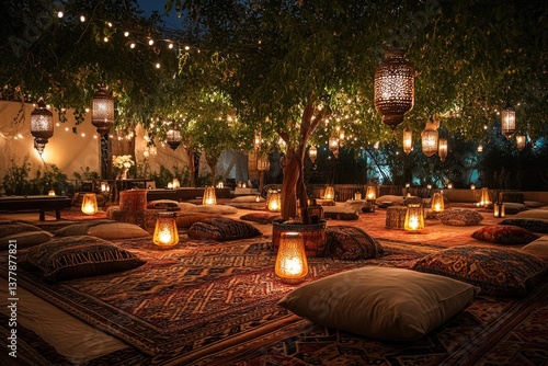 Obraz na płótnie Cozy outdoor lounge area illuminated by lanterns at night w salonie
