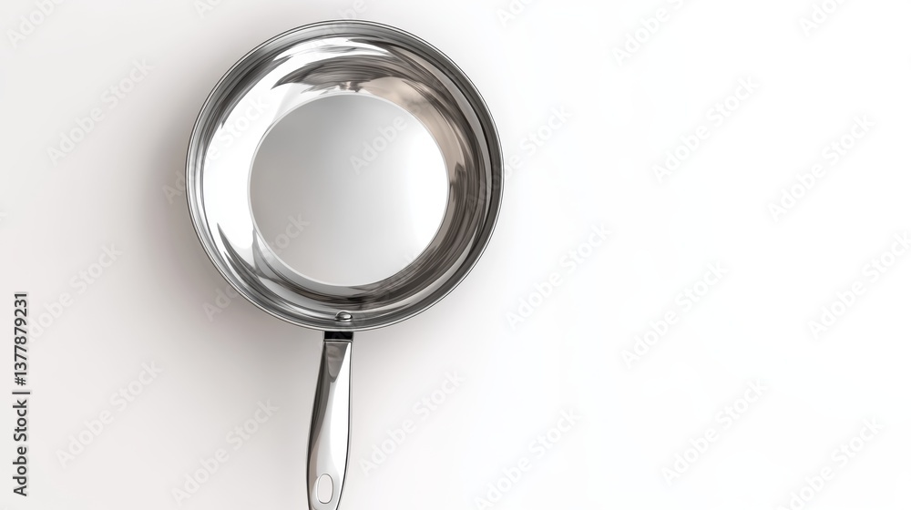 High Angle Close-Up Photograph of a Stainless Steel Frying Pan with a Long Handle on Reflective Surface High Angle Close-Up Photograph of a Stainless Steel Frying Pan with a Long Handle on Reflective Surface