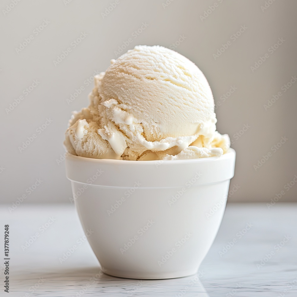 Creamy vanilla ice cream scoop in small white bowl Creamy vanilla ice cream scoop in small white bowl