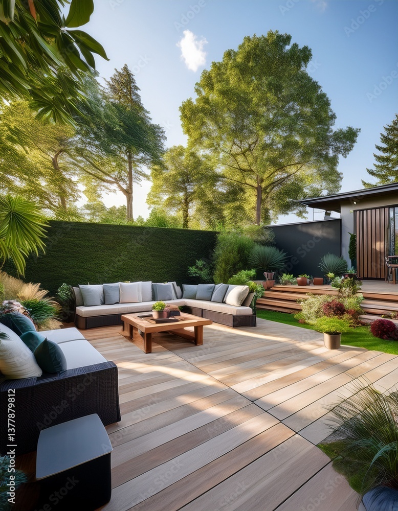 Fototapeta premium Modern Backyard with Stylish Patio and Garden Plants