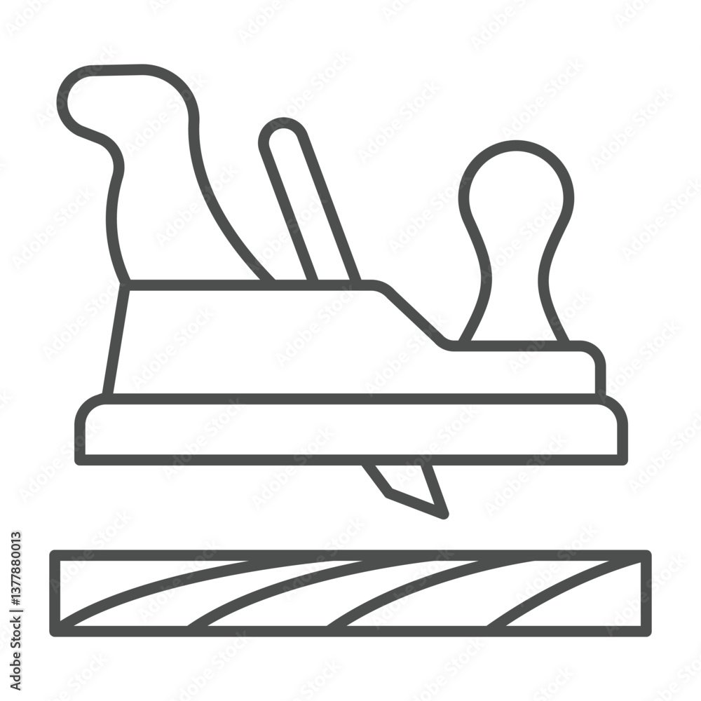 Manual planer and wooden plank thin line icon, forest industry concept. Vector graphics. Wood work tool, carpentry sign on white background, outline style icon for mobile or web design.