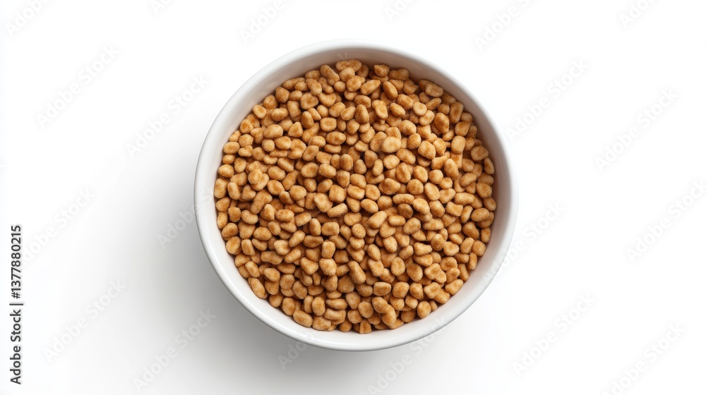 Overhead serene view of a white ceramic bowl filled with golden brown puffed wheat cereal grains Overhead serene view of a white ceramic bowl filled with golden brown puffed wheat cereal grains