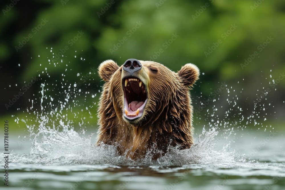 Grizzly Bear Roaring While Standing in Water with Splashing Drops Grizzly Bear Roaring While Standing in Water with Splashing Drops