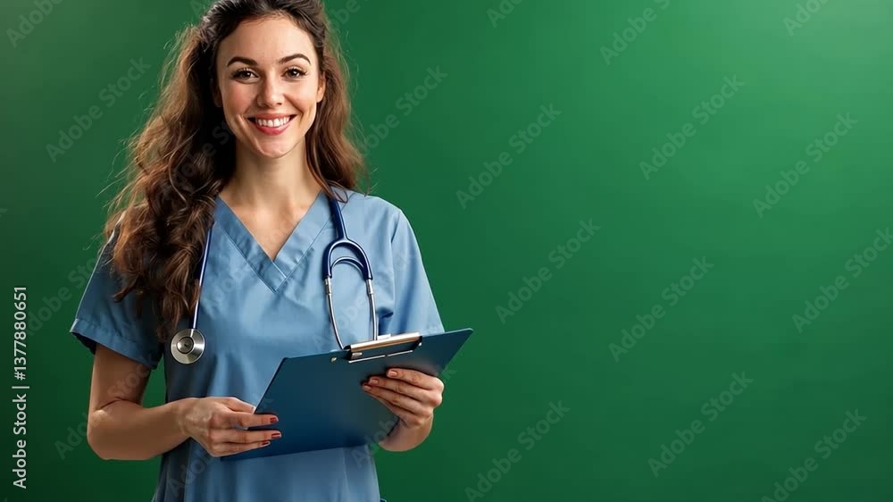 The Smiling Healthcare Professional: A portrait of a cheerful healthcare worker, embodying warmth and professionalism, holding a clipboard against a soothing background, ready to administer care The Smiling Healthcare Professional: A portrait of a cheerful healthcare worker, embodying warmth and professionalism, holding a clipboard against a soothing background, ready to administer care