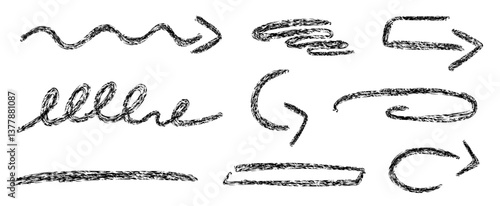 Set of abstract lines and arrows drawn with charcoal texture in black color