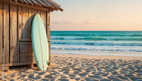 Surfboard leaning on rustic wooden beach hut with soft golden sand and ocean waves under clear sky, peaceful tropical seascape capturing relaxed summer surf lifestyle and coastal vibe