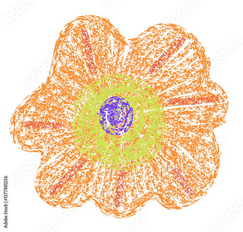 Flower drawing in childlike style with chalk or wax pencil texture